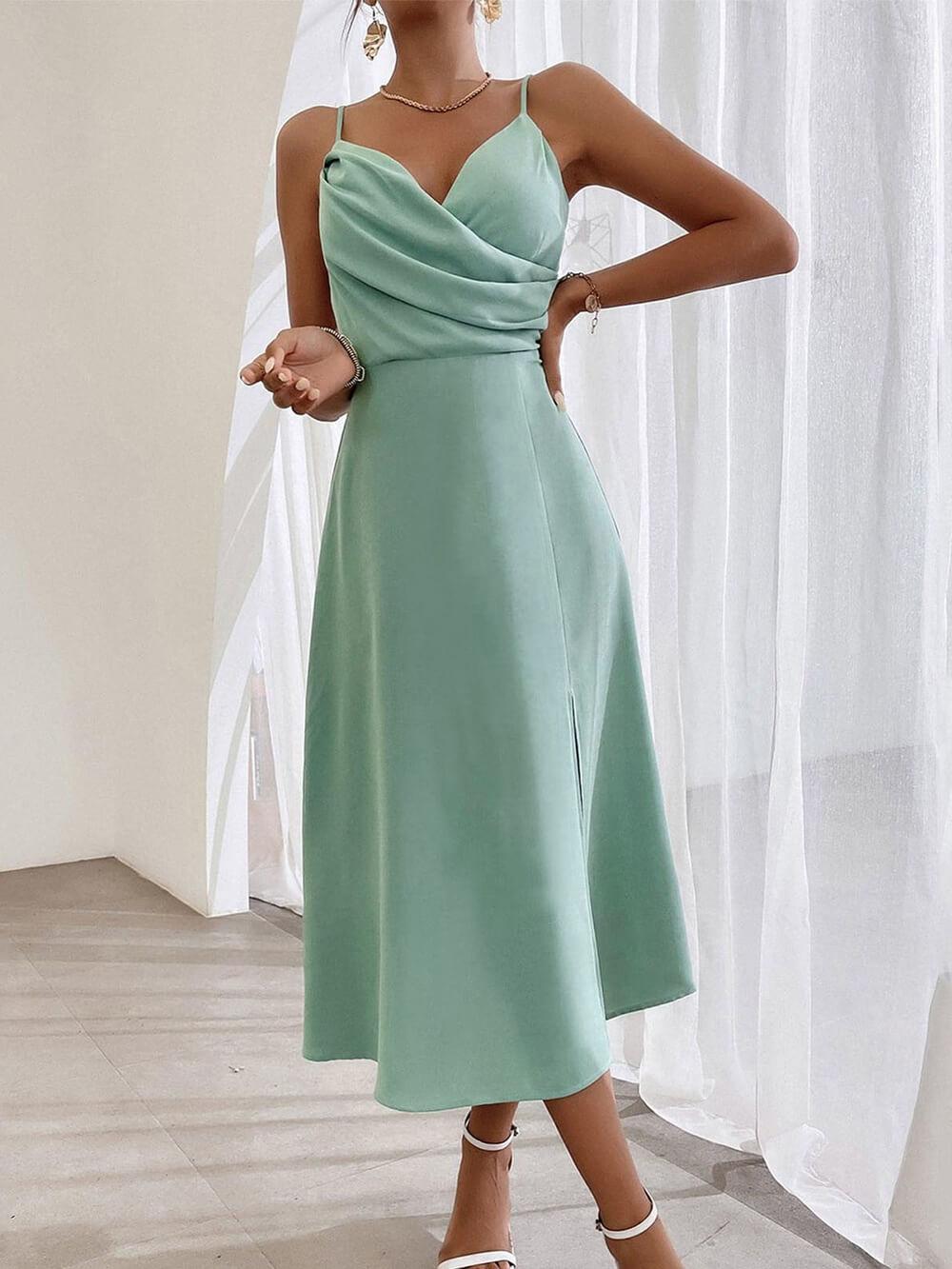 Aurohaya Elegant Spaghetti Strap Pleated Leg Slit Dress