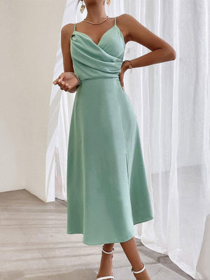 Aurohaya Elegant Spaghetti Strap Pleated Leg Slit Dress