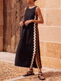 Aurohaya Side Wave Stripes Embellished Side Slit Loose Dress Black