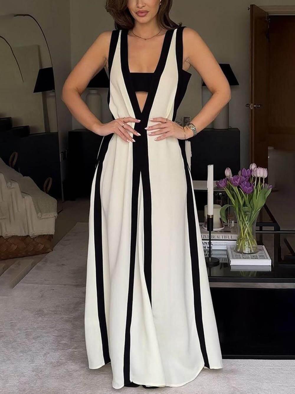 Aurohaya Reversible Style Colorblock A-Line Maxi Dress Beige