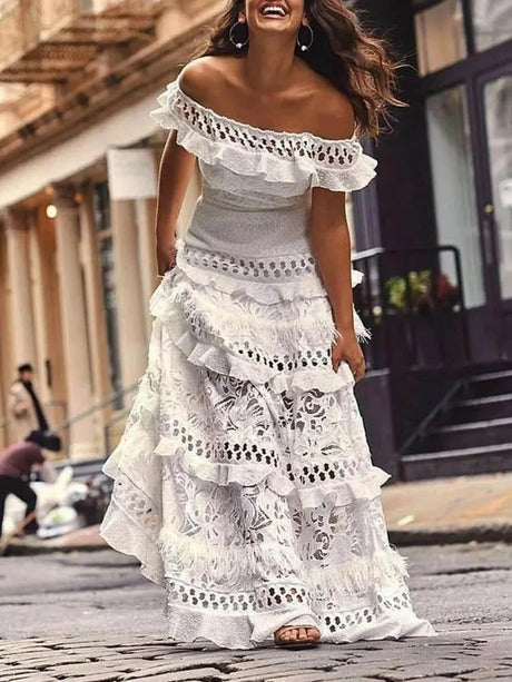 Aurohaya One-Shoulder Ruffled Hollow Swing Lace Patchwork Long Dress White