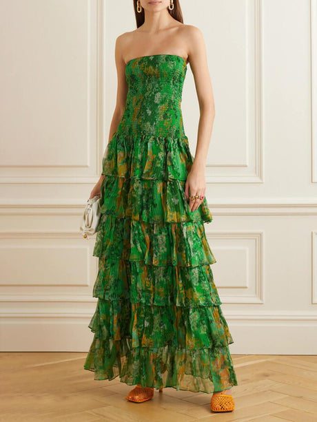 Aurohaya Strapless Layered Bandeau Floral Print Maxi Dress Green