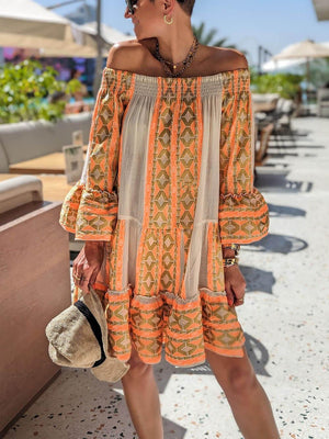 Aurohaya Linen Blend Ethnic Print Off Shoulder Loose Mini Dress Orange