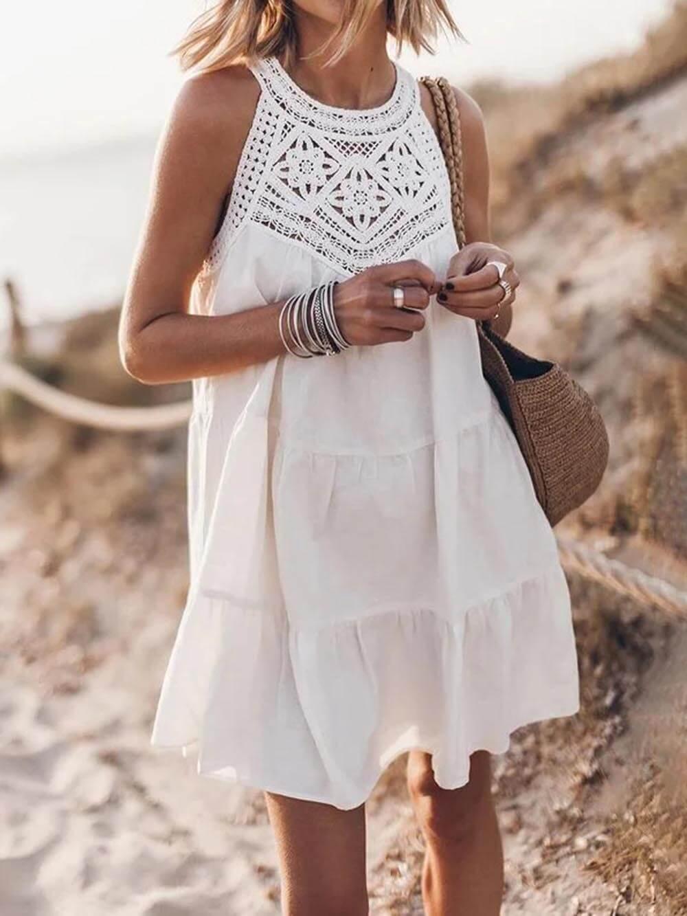 Aurohaya Hollow Lace Patchwork Halterneck A-Line Mini Dress White