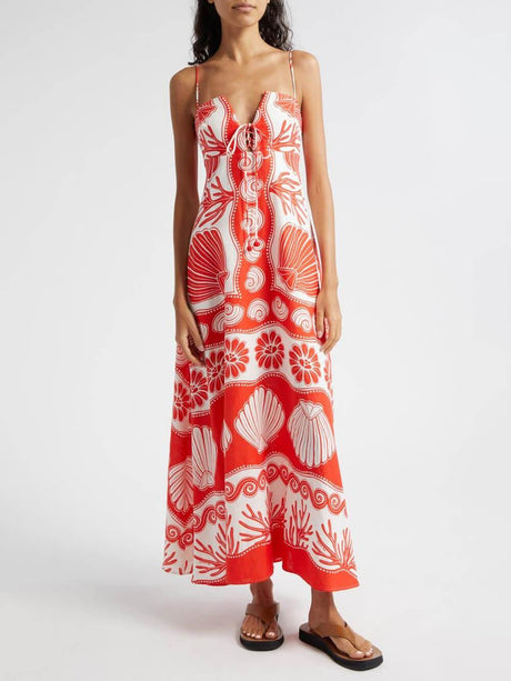 Aurohaya Shell Unique Print Front Lace-Up Loose Maxi Dress