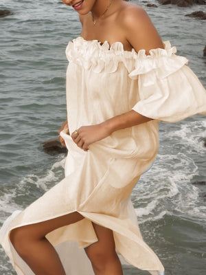 Aurohaya Off Shoulder Ruffle Puff Sleeve Pocketed Midi Dress