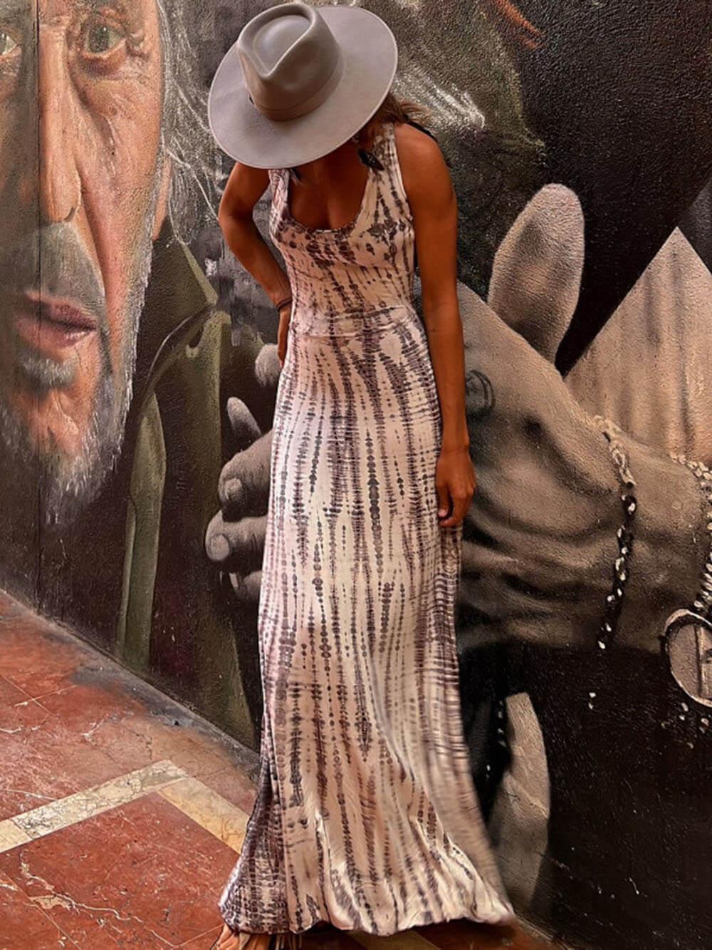 Aurohaya Tie-dye Print Back Lace-up Stretch Maxi Dress Gray