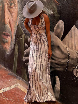 Aurohaya Tie-dye Print Back Lace-up Stretch Maxi Dress Gray