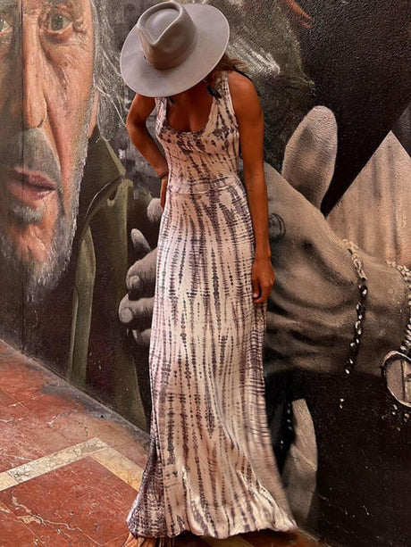 Aurohaya Tie-dye Print Back Lace-up Stretch Maxi Dress Gray