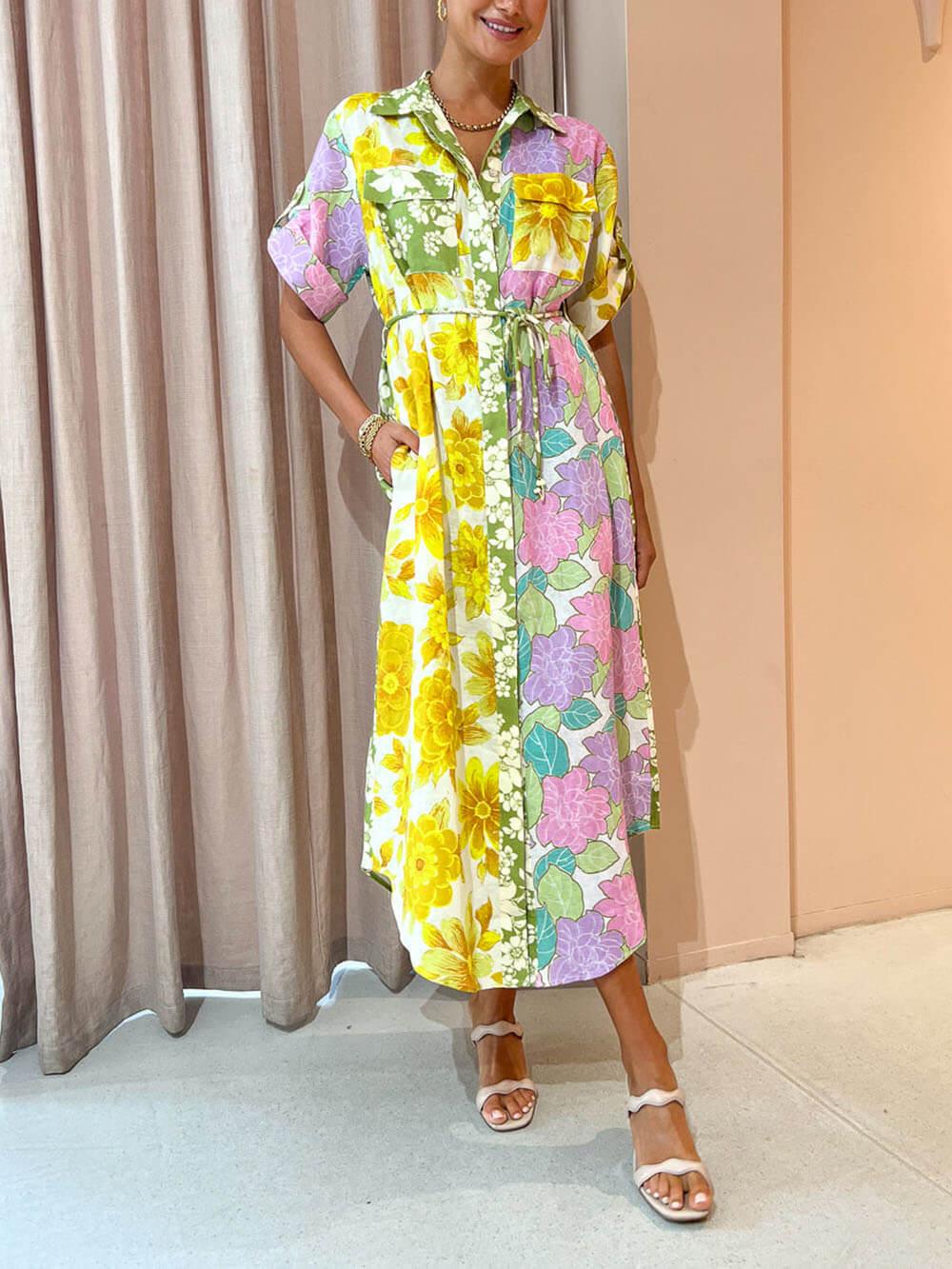 Aurohaya Multicolor Paneled Shirt-Style Midi Dress Multicolor