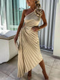 Aurohaya Romantic Night Guilloche Stretch Hollow One Shoulder Pleated Maxi Dress Beige
