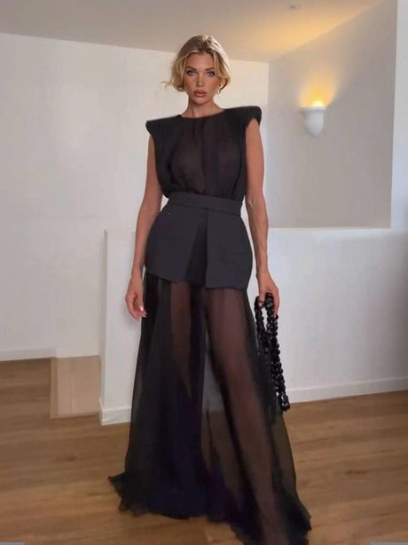 Aurohaya Unique Belt Perspective Skirt Maxi Dress Black