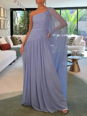 Aurohaya Unique Single-sleeve Shawl Pleated Maxi Dress