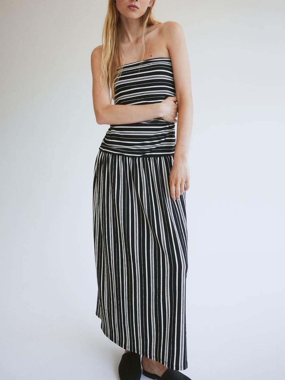 Aurohaya Bandeau With Gathered Seams Flared Hem Dress Black