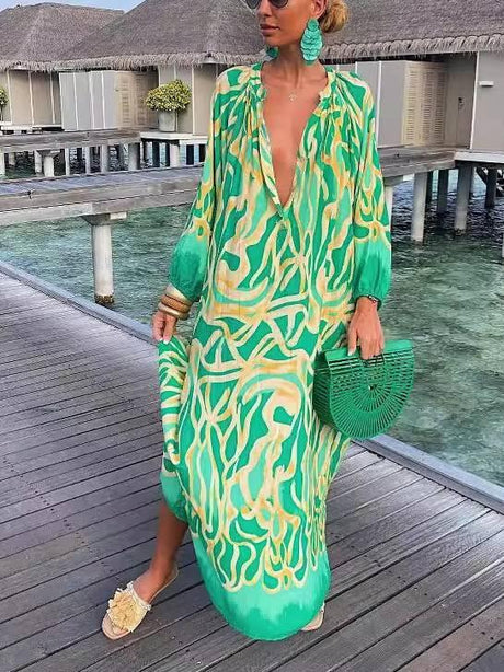 Aurohaya Printed V-neck Long-sleeved Loose Dress Green