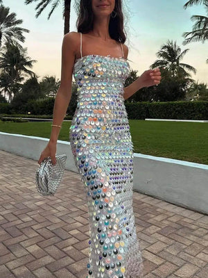Aurohaya Sequin Versatile Irregular Midi Dress Silver
