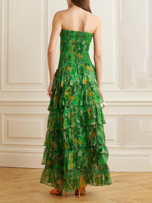 Aurohaya Strapless Layered Bandeau Floral Print Maxi Dress