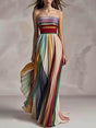 Aurohaya Elegant Striped Printed Off-shoulder Pleated Bandeau Maxi Dress Multi