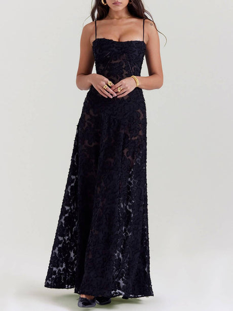 Aurohaya Black Floral Lace Back Maxi Dress