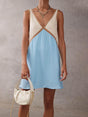 Aurohaya Elegant Contrast Color Stitching Mini Dress Blue