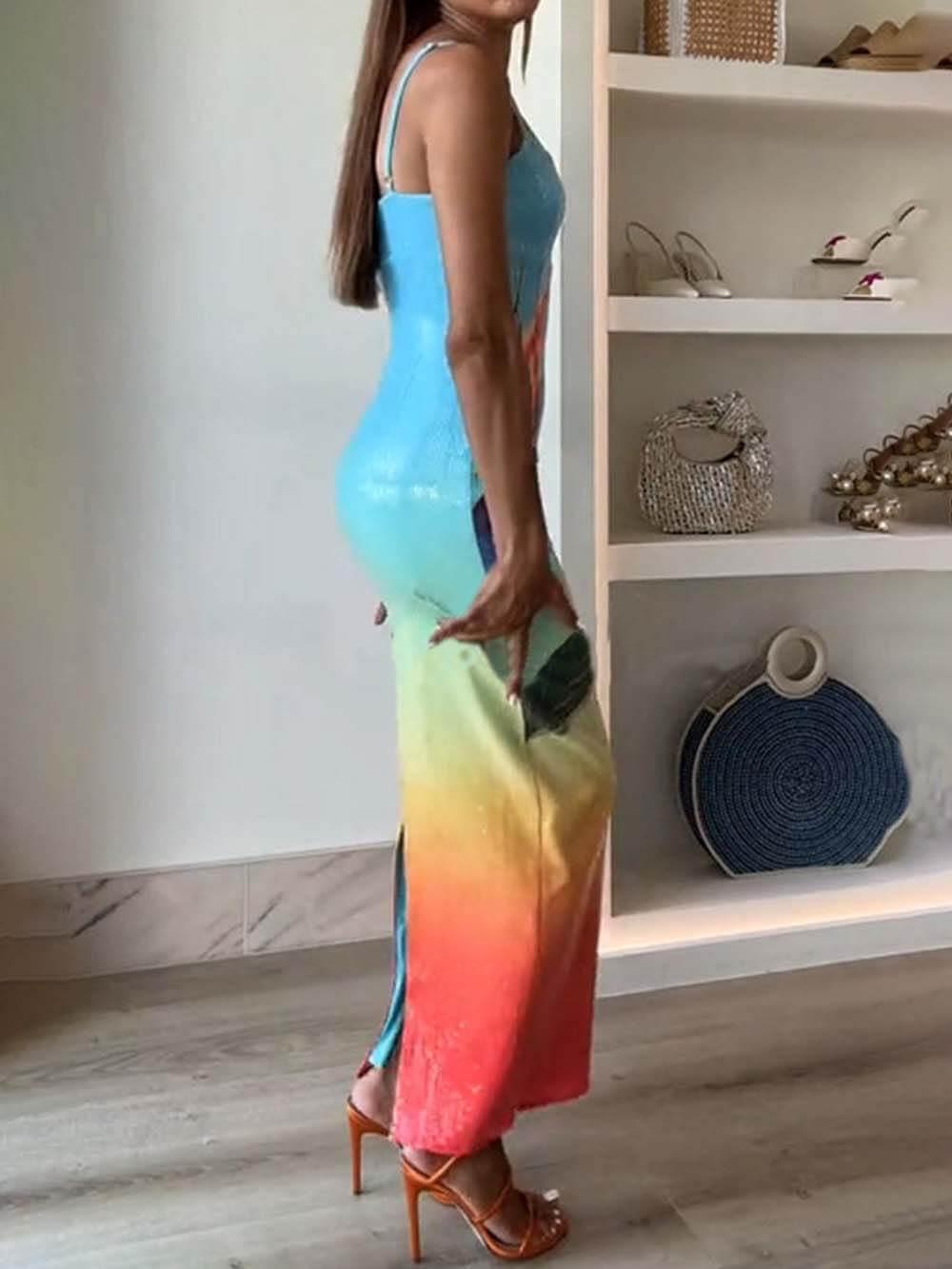 Aurohaya Sequin Unique Floral Gradient Print Slit Stretch Maxi Dress