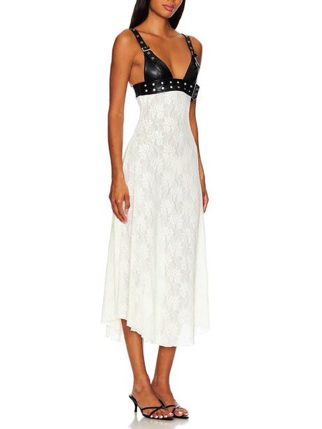 Aurohaya Floral Lace Leather Midi Dress