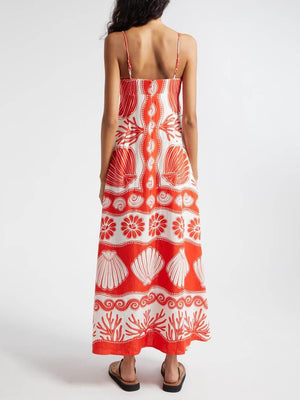 Aurohaya Shell Unique Print Front Lace-Up Loose Maxi Dress