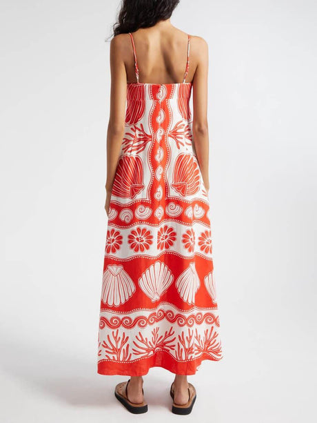 Aurohaya Shell Unique Print Front Lace-Up Loose Maxi Dress