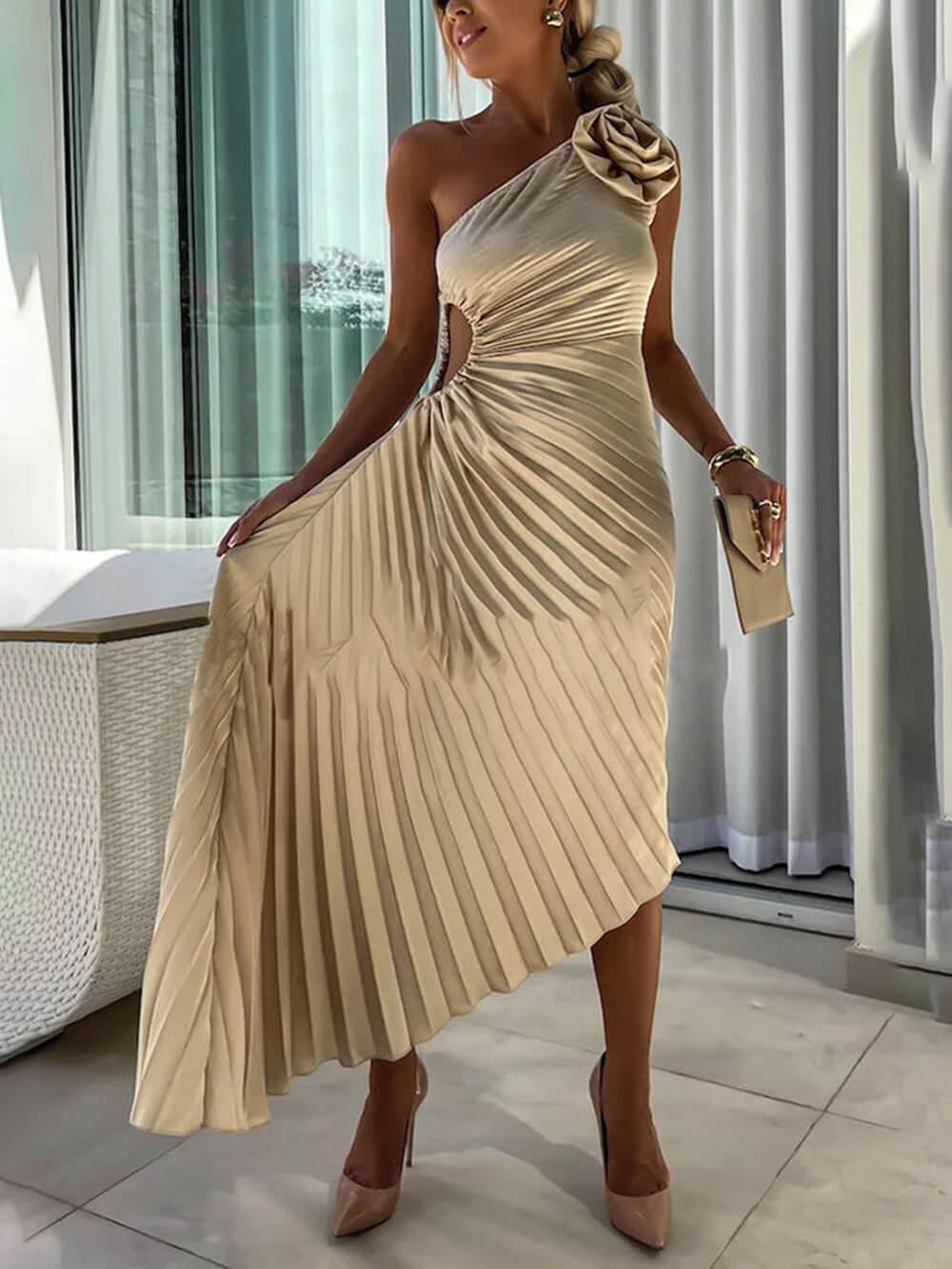 Aurohaya Romantic Night Guilloche Stretch Hollow One Shoulder Pleated Maxi Dress