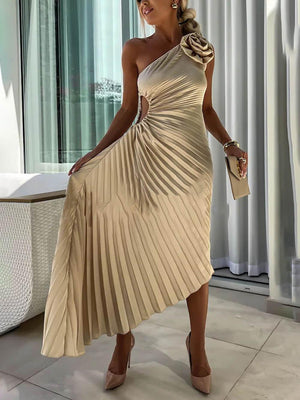 Aurohaya Romantic Night Guilloche Stretch Hollow One Shoulder Pleated Maxi Dress