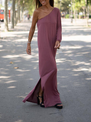 Aurohaya Side One Shoulder Statement Maxi Dress Pink