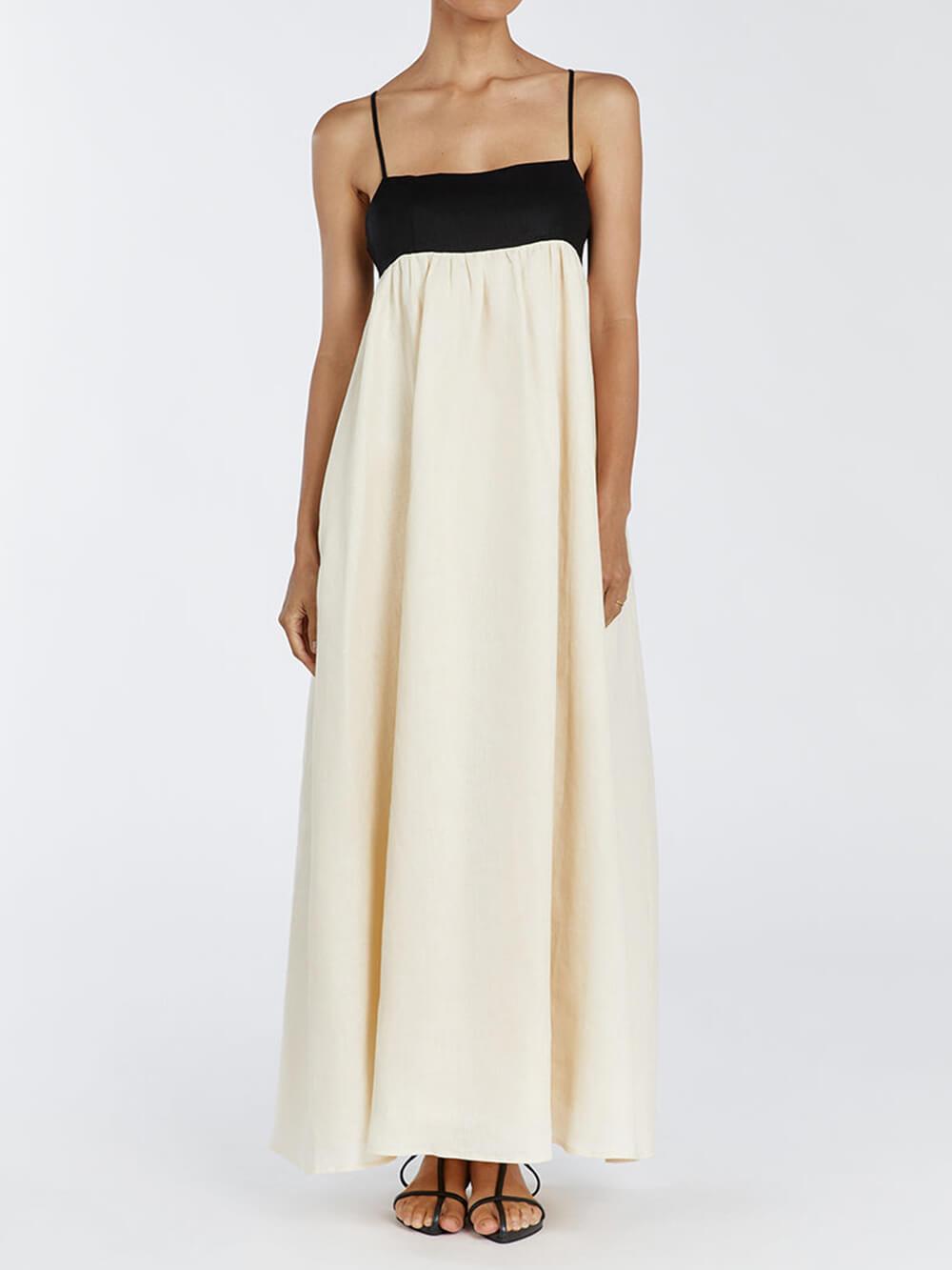 Aurohaya Loose Suspender Black And White Patchwork Maxi Dress Ivory