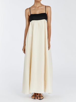 Aurohaya Loose Suspender Black And White Patchwork Maxi Dress Ivory