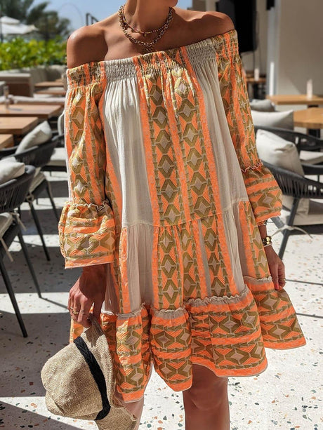 Aurohaya Linen Blend Ethnic Print Off Shoulder Loose Mini Dress