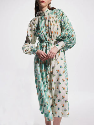 Aurohaya Elegant Puff Sleeve Printed Shirt Dress