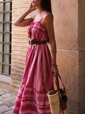 Aurohaya Ethnic Style Crochet Patchwork Knitted Slip Maxi Dress