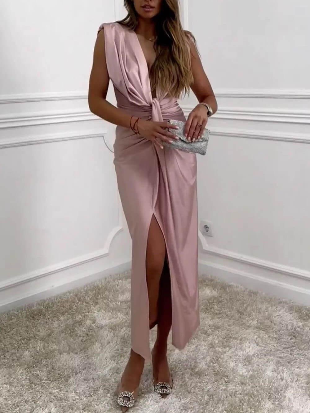 Aurohaya Classic V-Neck Ruched Drape Slit Midi Dress