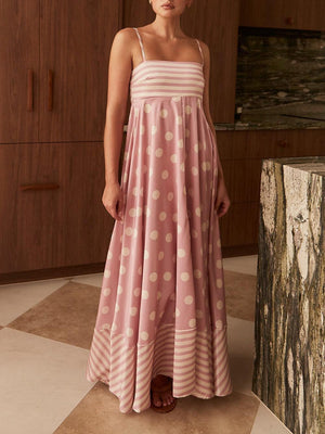 Aurohaya Featured Loose Polka Dot Stripe Patchwork Maxi Dress