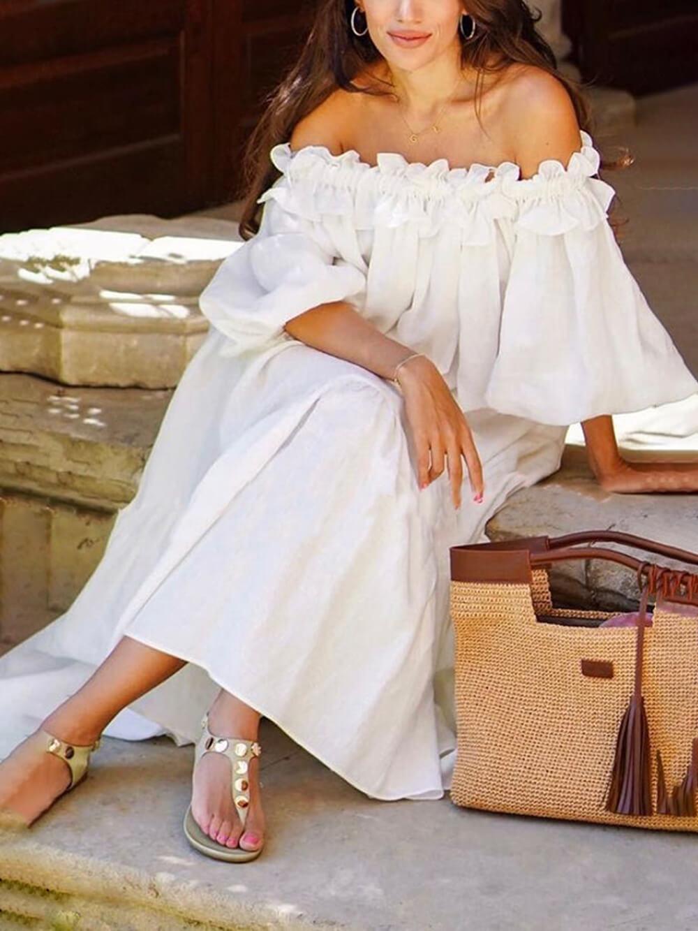 Aurohaya Off Shoulder Ruffle Puff Sleeve Pocketed Midi Dress