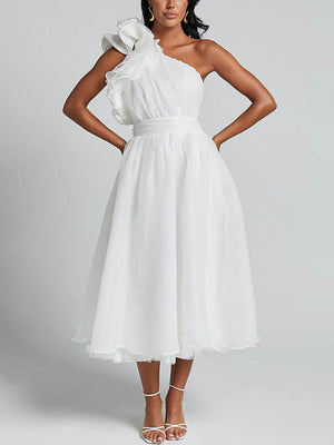Aurohaya Unique Romantic Seaside One Shoulder Frill Detail Sleeve Layered Midi Dress