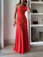 Aurohaya Elegance Effortless Mesh Off Shoulder Ruched Stretch Maxi Dress Orange