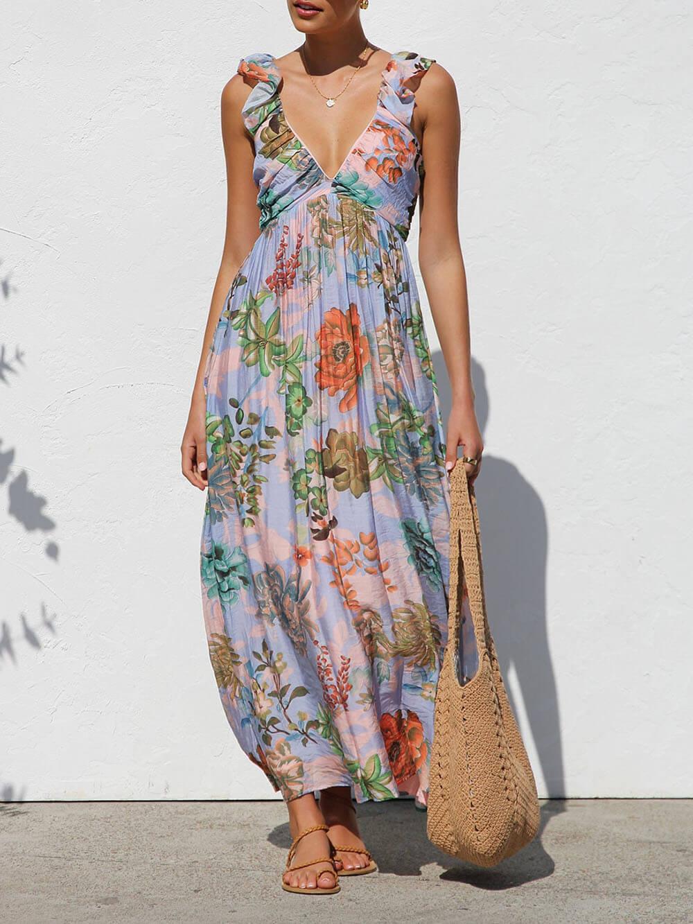 Aurohaya Beautifully Pleated Unique Floral Print Ruffle Sleeve Maxi Dress Multicolors