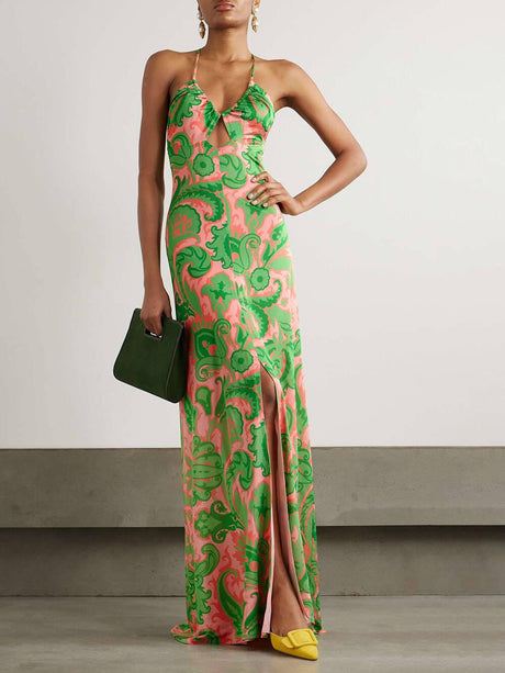 Aurohaya Beautiful Cutout Printed Satin Maxi Dress Green