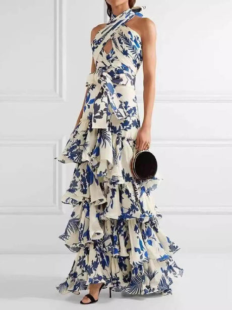 Aurohaya Unique Bohemian Holiday Style Strappy Lolita Swing Print Dress Blue