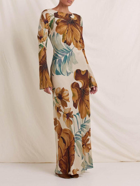 Aurohaya Simple Unique Plant Pattern Print Back Hollow Out Maxi Dress Multicolors