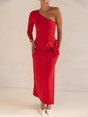 Aurohaya Exquisite One-Shoulder Neckline Flower Decoration Side Slit Prom Maxi Dress Red