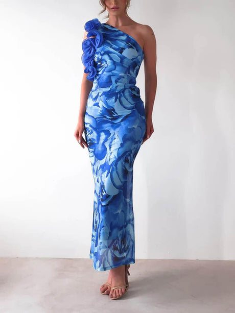 Aurohaya Sexy Elegant Sleeveless Three-Dimensional Flower Print Slim-Fitting Party Dress