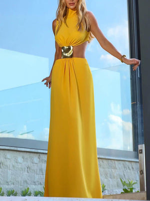 Aurohaya Elegant High Neck Metal Decoration Cutout Waist Maxi Dress Yellow