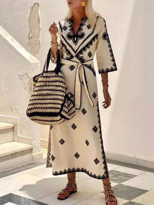 Aurohaya Bohemian Style Unique Print Belted Midi Dress Off-White