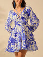 Aurohaya Fashionable And Versatile Flower Bouquet Print Lantern Sleeve Tie Dress Blue